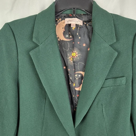 Philosophy Womens Size 6 Green Waffle Knit Celestial Print Lined Blazer Jacket - Picture 3 of 13